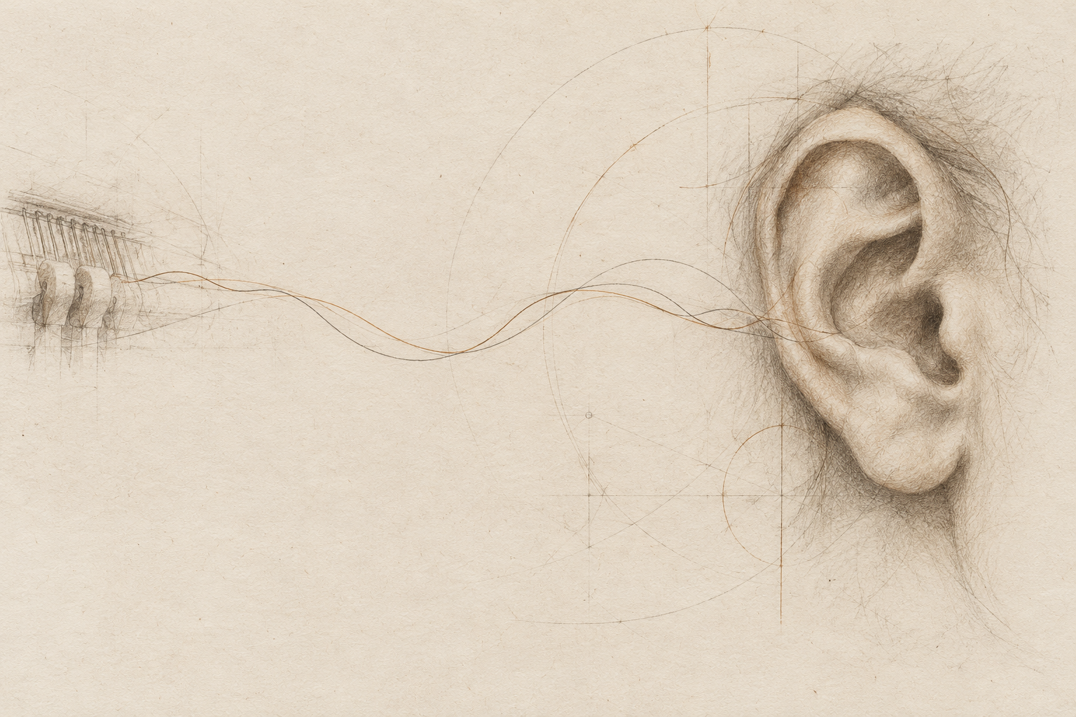 A pencil study of an ear receiving two nearly overlapping traces from piano strings.