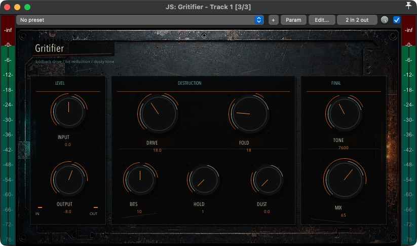 Gritifier 1.3.0 running as a JSFX in REAPER with Drive, Fold, Bits, Hold, Dust, Tone, and Mix controls